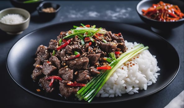 A plate of stir-fried beef and rice with scallions and red peppers is seen. The beef is tender and juicy, and the rice is fluffy and flavorful. The scallions and red peppers add a touch of color and freshness to the dish.