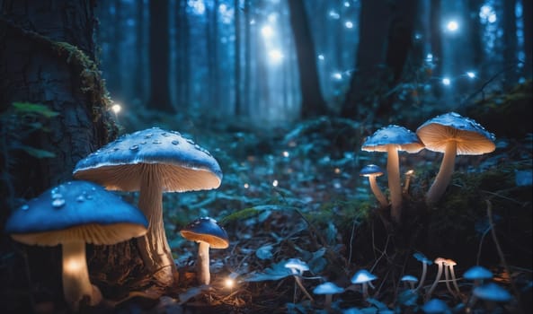 A group of blue mushrooms are clustered together on the forest floor, glowing with an ethereal light. They are surrounded by other, smaller mushrooms, all of which are illuminated by the soft glow of the forest. The trees in the background are obscured by darkness, and the air is thick with a sense of mystery and wonder.