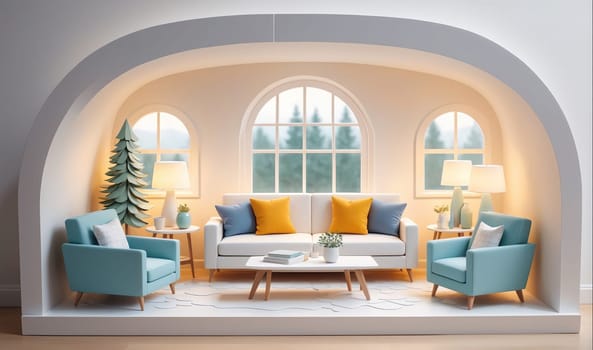The miniature living room features a white couch with yellow and blue pillows, two armchairs, a coffee table, two lamps, and a potted plant. The room is lit by overhead lights and the lamps, and the windows provide a view of a snowy forest.