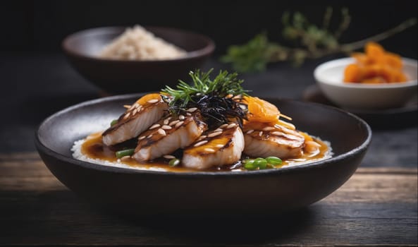 This image depicts a close-up of a culinary creation showcasing a black bowl brimming with a gourmet dish of seared fish. The fish is artfully arranged on top of rice, and a rich, glossy sauce bathes the entire dish. The presentation is elegant, with sprigs of herbs and orange slices adding a touch of freshness and color. The bowl is positioned on a dark wooden table, creating a visually appealing contrast.