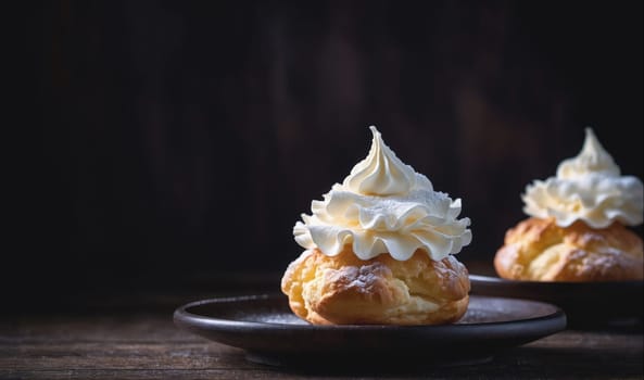 A close-up shot of two cream puffs, topped with whipped cream and dusted with powdered sugar, sitting on a black plate, on a dark wooden background.