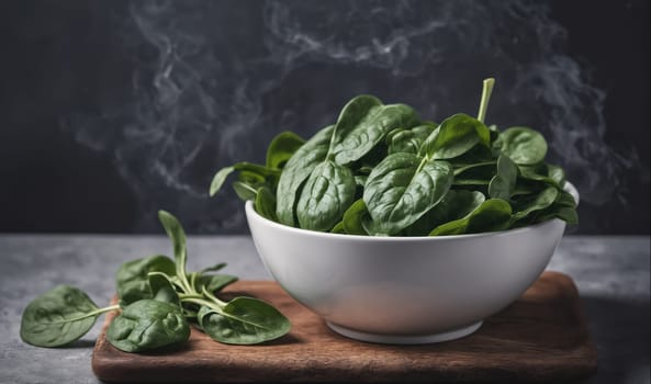 A bowl of fresh, green spinach is on a wooden cutting board. Steam rises from the spinach, indicating that it is hot. There are also a few spinach leaves on the cutting board.