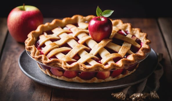 A freshly baked apple pie with a lattice crust sits on a gray plate with a whole apple on a wooden table. The pie is topped with a single red apple and a leaf. The pie crust is golden brown and flaky. The filling is a rich, dark red. The apple is red and shiny.