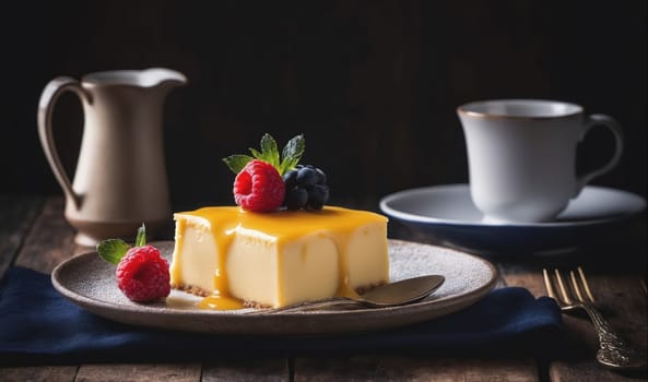 A slice of cheesecake with berries and a yellow glaze sits on a plate next to a cup and saucer. The setting includes a pitcher and a fork.