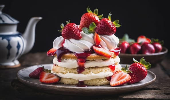 A strawberry shortcake is sitting on a grey plate with whipped cream and strawberry sauce. The shortcake is topped with fresh strawberries. There are extra strawberries on the plate and a bowl of strawberries in the background. There is a teapot to the left of the plate.