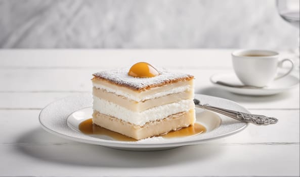 A piece of cake topped with a fruit and sprinkled with powdered sugar is displayed on a white plate. A teacup and saucer are situated to the right of the cake on a white table.