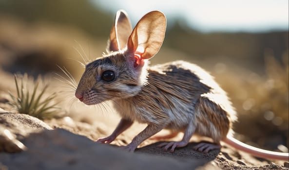 A jerboa, a small rodent with large ears and hind legs, stands on a rock in a desert environment. The jerboa is facing to the left and its large ears are pointed up. The sun is shining brightly behind the jerboa, casting a warm glow on its fur. The desert landscape is visible in the background, with sparse vegetation and dry, sandy soil.