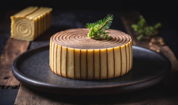 A log cake with a sprig of pine sits on a black plate. The cake is decorated to look like a tree trunk, with brown and white stripes. There is a smaller log cake in the background. The cake is on a wooden surface and the background is black.