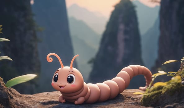 A pink cartoon caterpillar sits on a rock with large, brown, blurry mountains in the background. The caterpillar has large, round eyes and a small smile. The caterpillar's body has a light pink color, and its antennae curl up at the top.