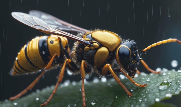 A wasp with black and yellow stripes sits on a green leaf covered in raindrops. The wasp has clear wings and is facing to the right with its head tilted slightly downwards. The background is dark, with raindrops falling.