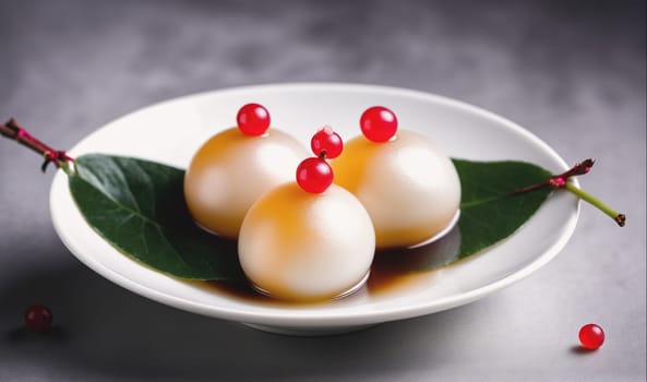 The image shows three mochi, a type of Japanese rice cake, arranged on a green leaf in a white bowl. The mochi are topped with red berries and are sitting in a brown sauce.