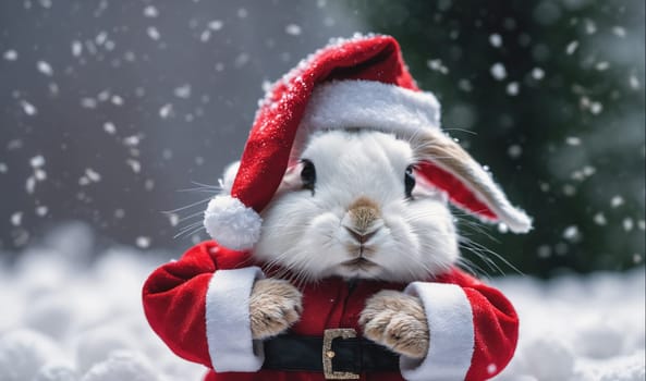 A white bunny wearing a red Santa hat and suit stands in the snow with snowflakes falling around it. The bunny looks directly at the camera with a serious expression.