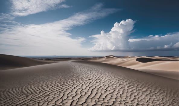 A large cloud looms over a vast expanse of sand dunes. The sand is cracked and dry, and the horizon is obscured by a hazy layer of atmosphere. The sky is a brilliant blue, with patches of white clouds.