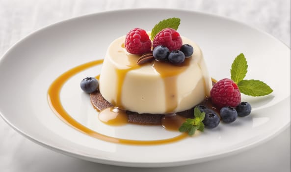 A white plate holds a circular panna cotta topped with blueberries and raspberries. A caramel sauce is drizzled over the panna cotta and onto the plate. A sprig of mint rests beside the dessert.