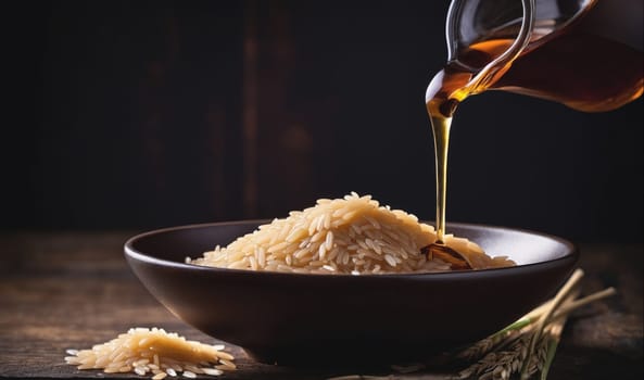 A pitcher of oil is being poured over brown rice in a black bowl. The rice is in a pile, and the bowl sits on a wooden table with a dark background. A few grains of rice are scattered on the table near the bowl, and some wheat stalks are in the foreground.