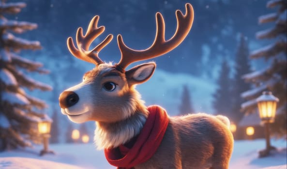A reindeer wearing a red scarf stands in a snowy forest at night. It is looking off to the side with a curious expression. There are lights twinkling in the background, illuminating the snow and trees.