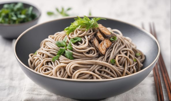 A close-up of a bowl of soba noodles topped with meat and garnished with fresh parsley. The noodles are in a gray bowl, and there are chopsticks on the side.