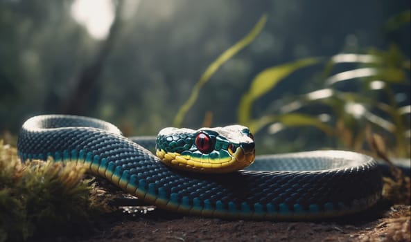 A green and blue snake with yellow markings is coiled on the ground in a forest. It is lying on its belly, its head raised, and its eyes are open. The snake is surrounded by green grass and leaves, and the sun is shining through the trees. The snake's scales are visible, and its skin is smooth and shiny.
