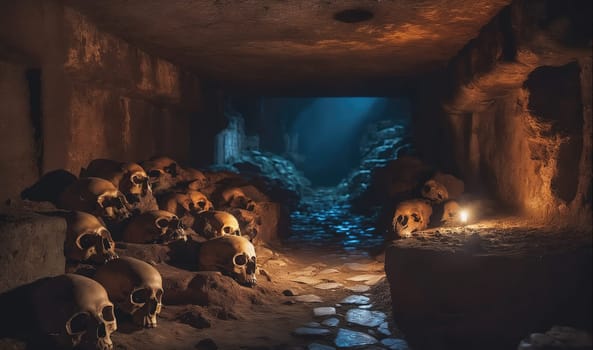 The image shows a dark, narrow tunnel with stone walls and a stone floor. The tunnel is lit by a single, faint light source coming from a small opening in the ceiling. The walls of the tunnel are covered with moss and other vegetation. A pile of human skulls lies on the floor near the opening. The skulls are arranged in a rough circle. They appear to have been cleaned and prepared for some ritual. The skulls are illuminated by a faint light coming from an unknown source, possibly a lantern or torch.