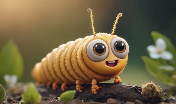 A cartoon caterpillar is crawling on a log. It has large, expressive eyes and a big smile, giving it a happy and friendly appearance. The caterpillar is yellow and fuzzy, with a segmented body. The background is a sunny garden, with green leaves and a few white flowers.