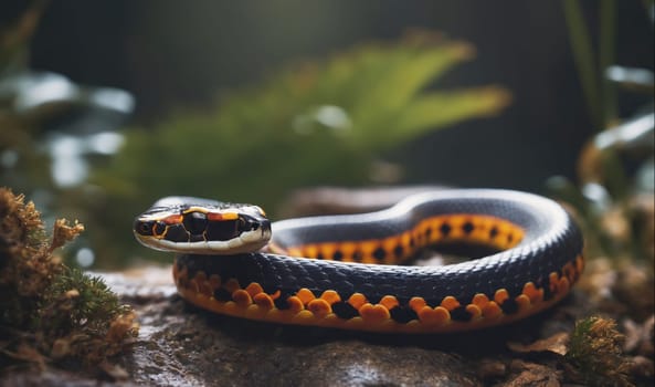 A black and orange snake is coiled on a rock with green foliage and some sunlight in the background. The snake has a white underside and appears to be resting.