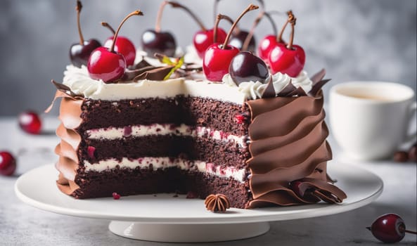 A chocolate cake with whipped cream and cherries sits on a white cake stand. A slice of the cake has been taken out, revealing a layer of chocolate cake, whipped cream, and more cherries. The cake is decorated with chocolate shavings and star anise. There are cherries scattered on the table in the background.