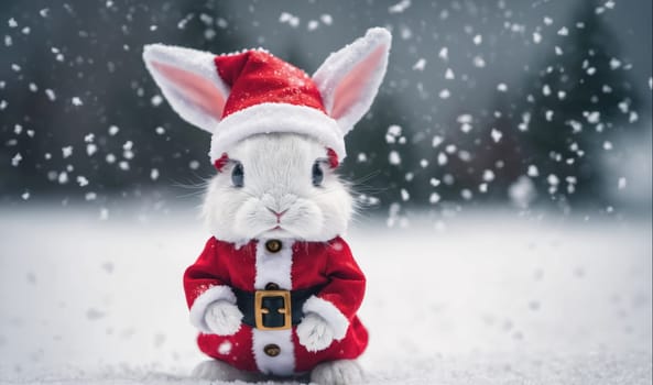 A white rabbit wearing a red Santa suit with a white trim and a black belt stands in a snowy field with snowflakes falling around it. The rabbit has long white ears and is looking directly at the camera.