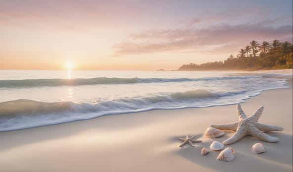 A serene beach scene with a bright, golden sunrise in the background. The sun is shining on the calm, blue water and the white sand. Waves gently crash on the shore and a large starfish rests on the sand.