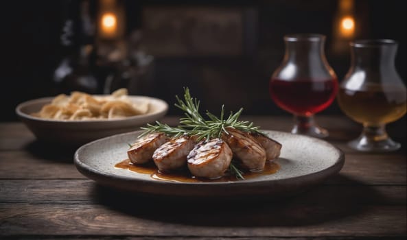 A plate of grilled pork medallions, adorned with a sprig of rosemary, rests on a rustic wooden table. The medallions are glazed with a rich, dark sauce, and the plate is set next to a bowl of pasta, which is not in focus. Two glasses filled with an amber liquid, likely whiskey, sit on the table in the background, adding to the ambiance of a luxurious dining experience.