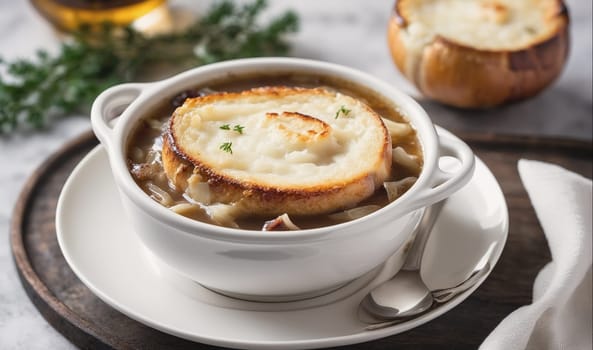 A bowl of French onion soup topped with a crouton sits on a white saucer with two spoons next to it. The soup is thick and creamy with a golden brown crust on top.