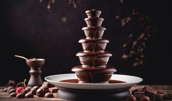 A chocolate fountain sits on a white plate and is surrounded by chocolate candies. The chocolate flows down the tiers of the fountain, and a spoon and a brown pot sit behind it.