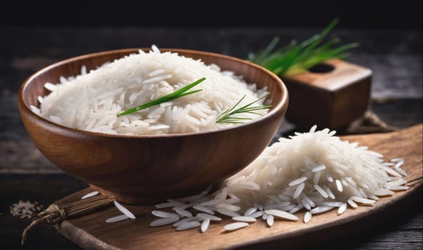 A bowl of cooked white rice sits on a wooden cutting board. There are a few pieces of green garnish in the bowl, and more rice sits on the board beside the bowl. The wooden cutting board is on a dark brown surface.