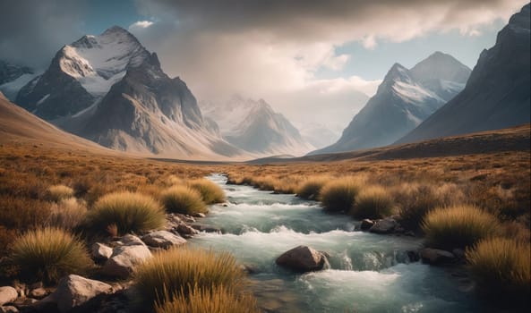 The image shows a river flowing through a grassy valley. The valley is surrounded by snow-capped mountains. The sky is cloudy and the sun is shining.