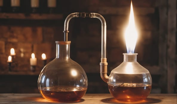 Two glass flasks with liquid inside sit on a wooden table in front of a dark background. The flask on the right has a bright flame burning out of the top and is connected to the flask on the left by a glass tube. Several candles are out of focus behind the flasks.