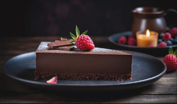 A slice of chocolate cake with a raspberry on top is sitting on a black plate. In the background, a plate of berries and a candle in a glass jar are visible.
