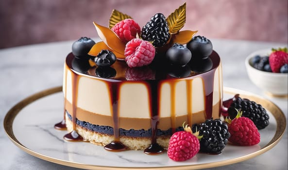 A round, layered cake topped with blueberries, blackberries, and raspberries sits on a white plate with a gold rim. The cake is covered in a glossy chocolate glaze that is dripping down the sides. The cake has two layers of mousse and a bottom layer of sponge cake. There are additional berries on the plate surrounding the cake.
