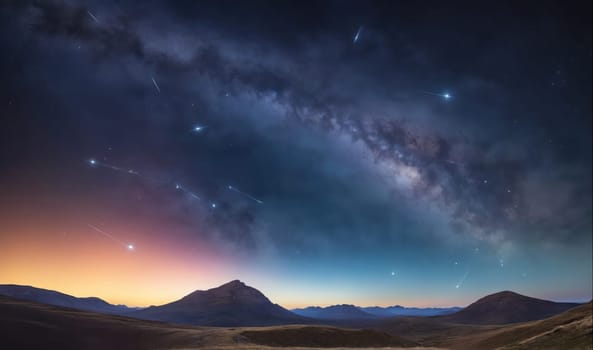 The image captures a stunning view of the Milky Way galaxy, visible as a bright band of stars across the night sky. The galaxy stretches over a dark mountain range, silhouetted against the colorful twilight sky. The image is likely taken in a remote area with minimal light pollution, allowing for a clear view of the stars.