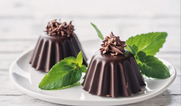 Two chocolate desserts, topped with chocolate shavings and garnished with mint leaves, are on a white plate on a white wooden surface.