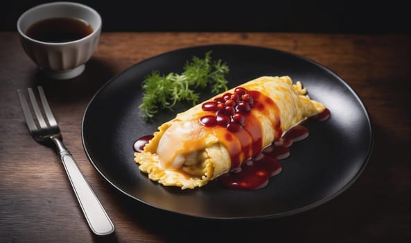 A plate of omurice, a Japanese dish consisting of fried rice wrapped in an omelette, is plated on a black plate with a sprig of green herbs. Red sauce and white rice are visible. A fork and a small cup of tea are also pictured on the table.
