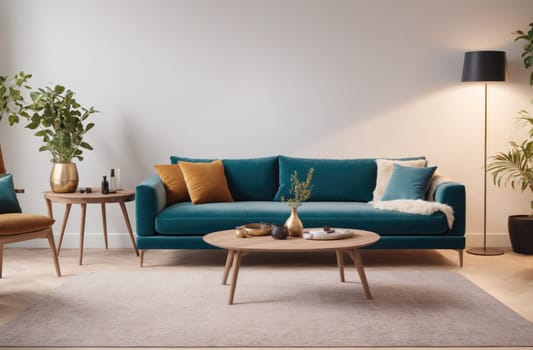 A teal sofa sits in the middle of a living room. It is surrounded by a light beige rug, a light brown coffee table, and a wooden side table with a gold vase. A small plant is placed on the coffee table in a gold vase. There is also a black floor lamp on the right side of the room.