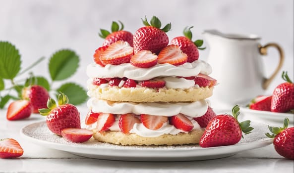 A two-layer strawberry shortcake with whipped cream and sliced strawberries sits on a white plate, surrounded by fresh strawberries and a white creamer.