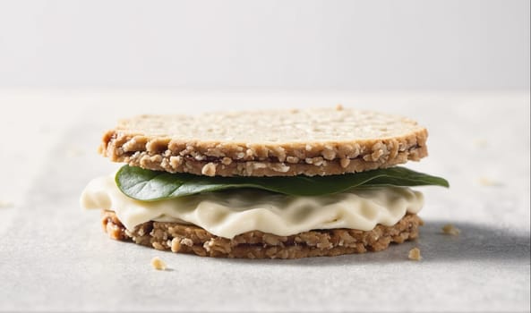 A sandwich made with two oat-covered cookies with a white filling and green leaves is on a light-colored surface.