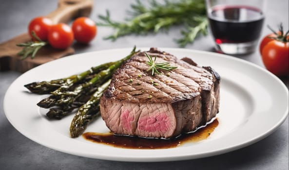 A steak and asparagus meal with a sprig of rosemary on the steak and a glass of red wine in the background.