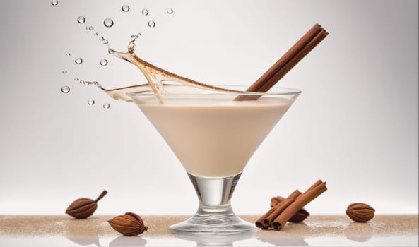 A close-up of a creamy white drink in a martini glass with a cinnamon stick sticking out. The drink has splashed up and created water droplets in the air and there are some cinnamon sticks and nutmegs on the surface below the glass.