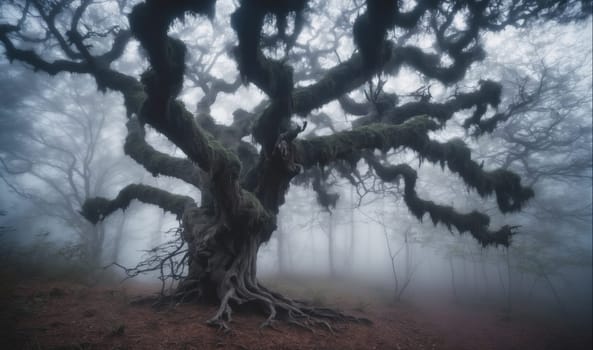 A large, ancient tree with thick, twisted branches dominates the foreground of the image, its silhouette outlined against a background of dense fog. The tree is covered in moss and lichen, adding to its eerie and mysterious appearance. The forest floor is covered in a layer of fallen leaves and twigs, and the air is thick with mist.
