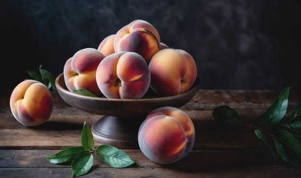 Peaches are arranged in a bowl on a wooden table. The bowl is made of dark brown wood with a dark brown pedestal. The peaches are arranged in a way that shows off their fuzzy skin and their ripe, juicy color. Green leaves are spread out around the bowl and peaches.