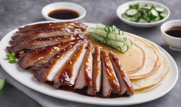 A white plate with a heaping portion of Peking duck sliced and glazed with a rich sauce sits on a gray table. Thin pancakes, sliced cucumbers, and a small bowl of dipping sauce round out the meal.