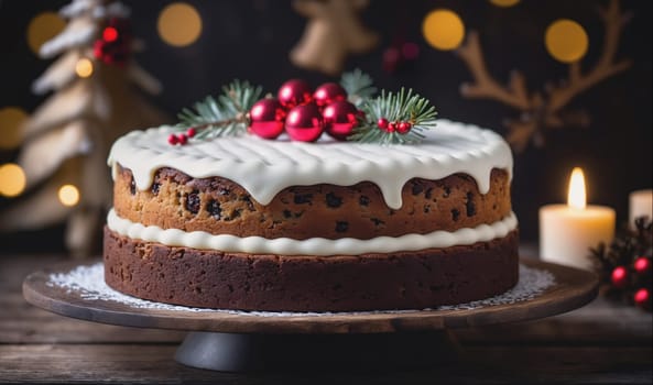 A frosted Christmas cake with red berries and pine needles sits on a wooden cake stand, surrounded by Christmas lights and decorations. There is also a white candle burning in the background.