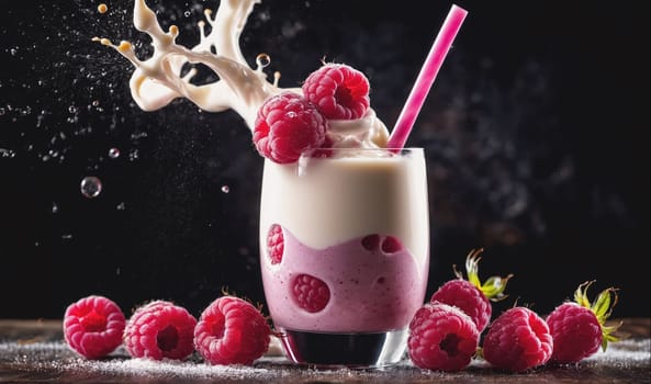 A glass of raspberry smoothie with a pink straw is sitting on a wooden surface with raspberries in the background. The smoothie is layered with white and pink, and there are raspberries in the smoothie as well. The background is a dark, blurry black.