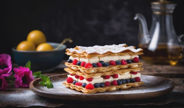A mille-feuille, or Napoleon pastry, is a French dessert made of puff pastry, cream, and fruit. The mille-feuille in this image is layered with cream and topped with raspberries and blueberries. It is sitting on a wooden plate dusted with powdered sugar. The image has a dark background, suggesting an evening setting.